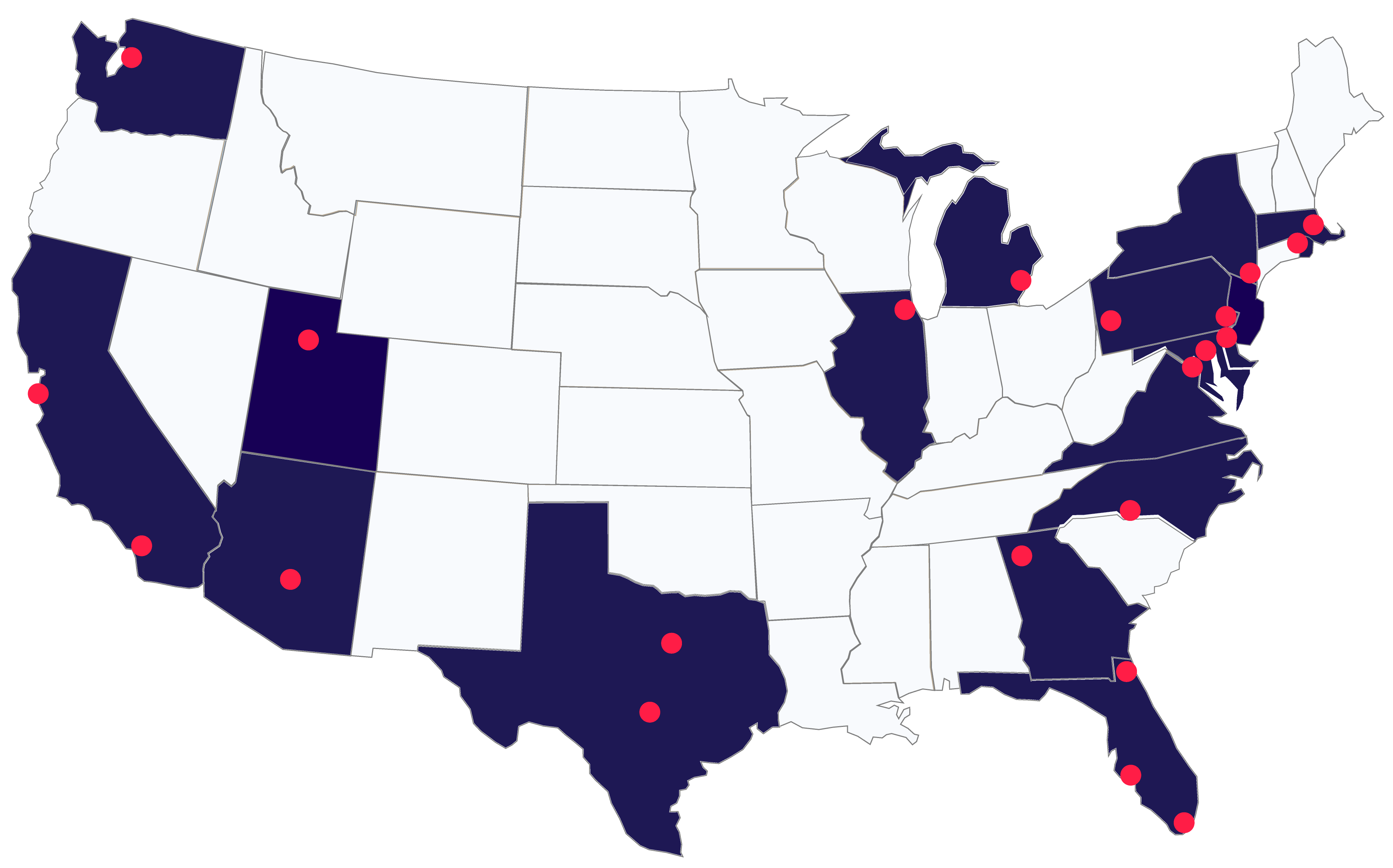 Map of Year Up United locations across the U.S. includes cities in New England, New York, New Jersey, Philadelphia, Maryland, D.C. area, Charlotte, Atlanta, Salt Lake City, Tampa, Miami, Dallas, Austin, Detroit, Chicago, LA, San Francisco area, and Seattle.