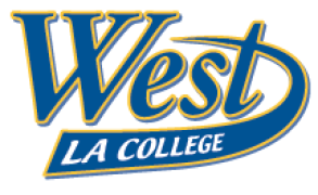 WLAC logo. West is written in large blue letters with a yellow outline. The cross of the T carries below the word "West" and "LA College" appears on it in white letters.