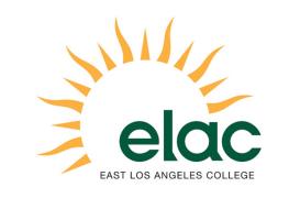 ELAC logo. An outline of sun's rays sits behind "elac" in green text. Below that reads East Los Angeles College.